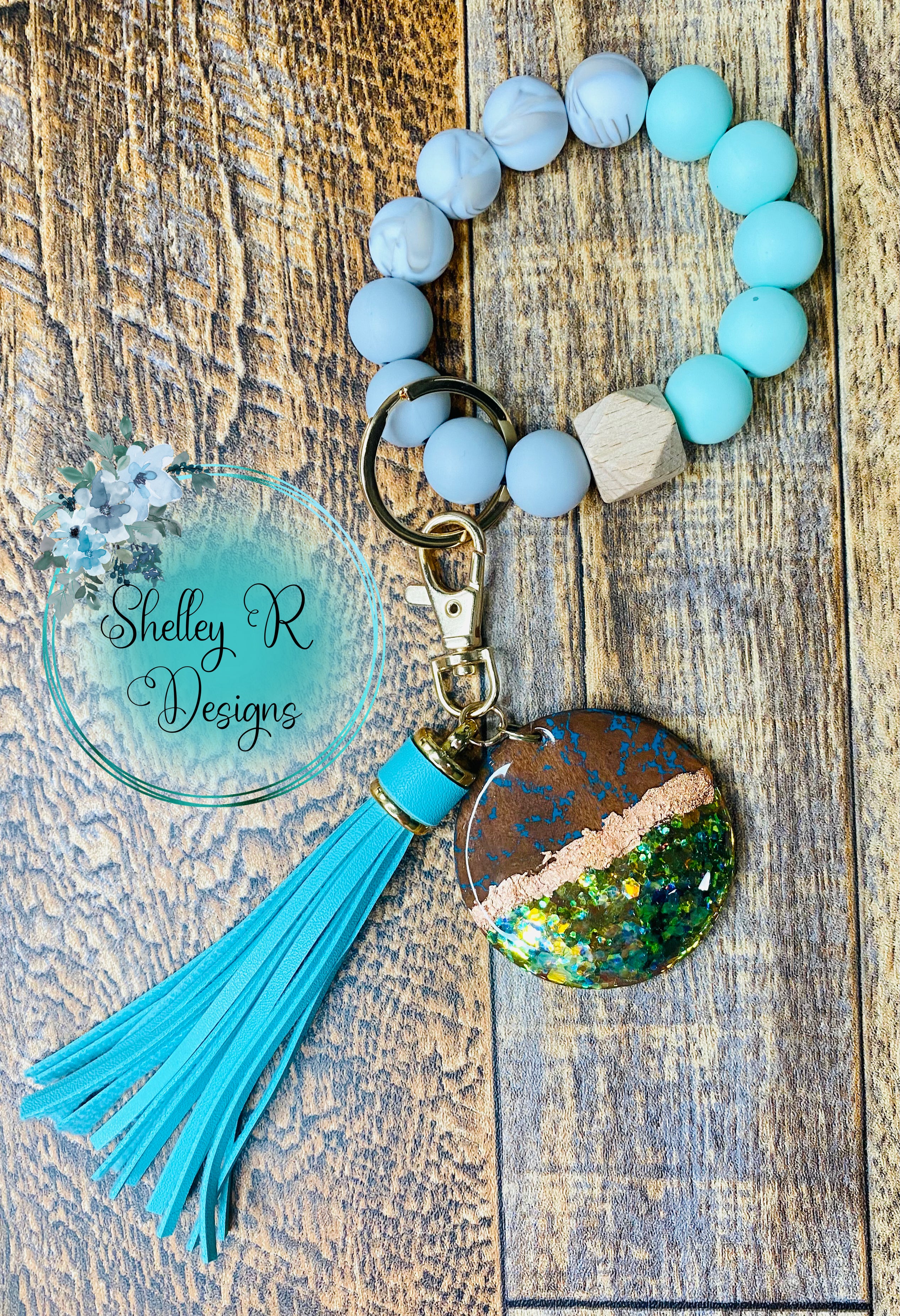 Silicone Bead Wristlet Keychain with tassel and wooden glitter charm