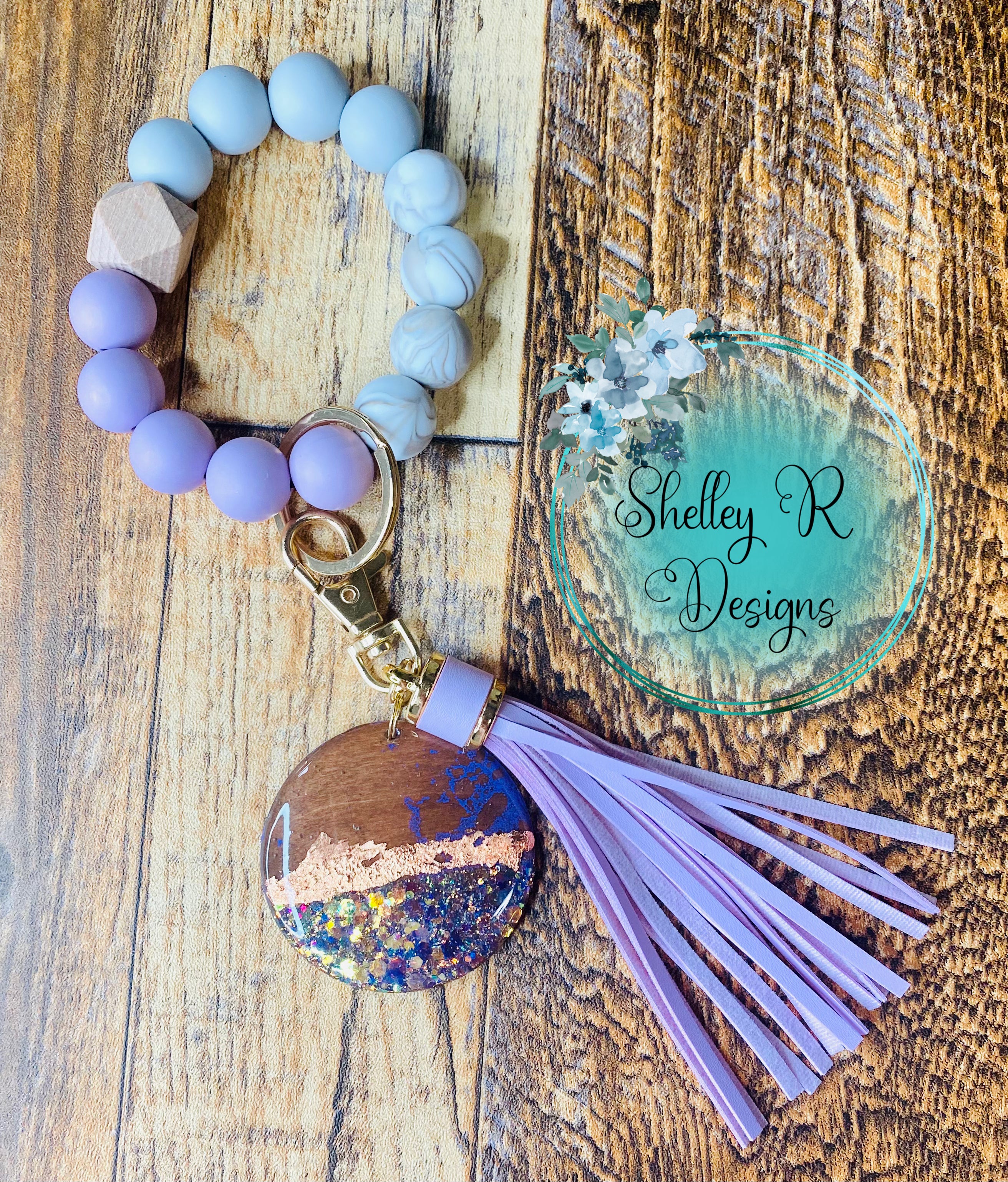 Silicone Bead Wristlet Keychain with tassel and wooden glitter charm