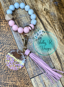 Silicone Bead Wristlet Keychain with tassel and wooden glitter charm