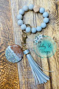 Silicone Bead Wristlet Keychain with tassel and wooden glitter charm