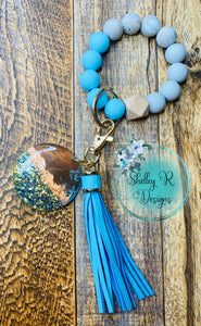 Silicone Bead Wristlet Keychain with tassel and wooden glitter charm